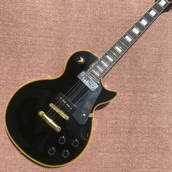Електрическа китара Black LP на поръчката, 2 пикап P90, хастар от палисандрово дърво, златен обков, жълти корици на ръба, безплатна доставка