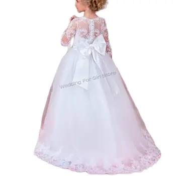Бели рокли за Момичета В цветенце Лейси Апликация от Тюл с 3/4 ръкав За гостите на Сватба, Детско празнично Принцеса рокля с дължина до пода, облекло за рожден Ден
