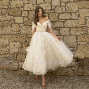 Нова мода 2023, плиссированное сватбена рокля с открити рамене, сшитое по поръчка, кратко сватбени рокли трапецовидна форма
