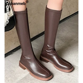 Ochanmeb/ Дамски еластични ботуши от микрофибър на нисък ток с квадратни пръсти, ботуши до коляното с цип, Дамски обувки кафяв, черен цвят, есен-зима