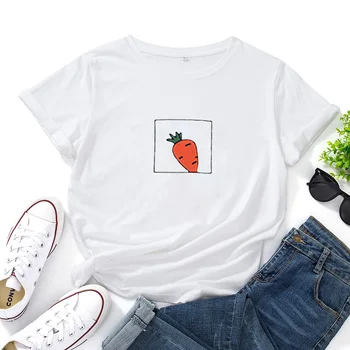 Тениска С принтом моркови и зеленчуци, Дамски памучен тениска с кръгло деколте, Дамска мода в стил Харадзюку, Ежедневни дамски ризи с къс ръкав