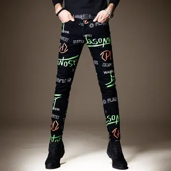 Корейски Harajuku Стил, Модни Kpop Луксозни мъжки Дънки с писмото принтом Графити, хип-хоп Градинска дрехи, Тесни ежедневни черни панталони, Мъжки