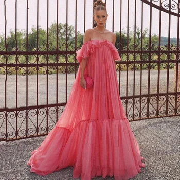 Ежедневни Розови шифоновые рокли за абитуриентски бал с висока талия и отворени рамене, Трапециевидное вечерна рокля за парти, на много Нива сватбени рокли 2023