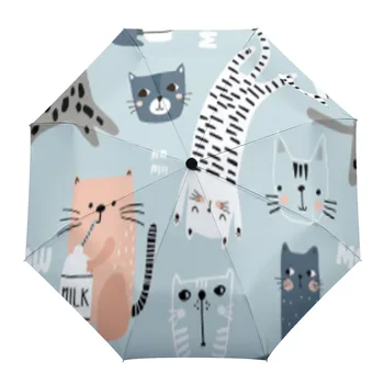 Автоматичен Чадър с хубав Модел котка, Сгъваем Чадър, Мъжки Женски чадър с принтом, лек дъждобран