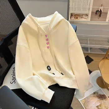 Новите дрехи Дамски блузи с копчета Love Модни Флисовые Блузи С качулка, Творчески Пуловер, Градинска Свободна Сако, Дамски розови