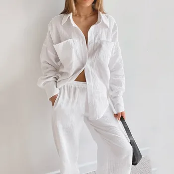 Бяла пижами за жени, Памучни комплекти с дълъг ръкав, 2 броя, Спално бельо, Дамски Ежедневни брючные костюми, Однотонная есен облекло за сън 2023