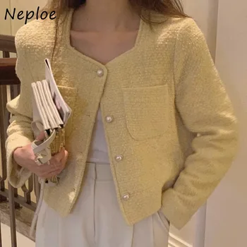 Neploe, Корейски шик якета Кремаво-жълто на цвят, с кръгло деколте, Есенни Нови палто с квадратни яка и жемчужными бутони, Y2k, Свободни твидовые блузи с дълъг ръкав