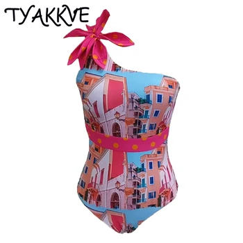 TYAKKVE 2023, Секси Бикини с 3D Цветен Принтом, Шарени Бански костюми с едно рамо, едно Парче Бански, Ретро Бански костюм, Swmmer, Плажно Облекло