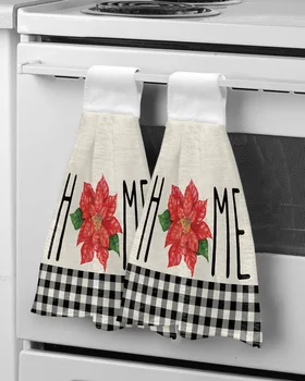 Кърпи за ръце на черно-бялата клетка с Коледните Цвете, Кърпа за почистване на кухня от микрофибър, Абсорбиращи кърпи за баня