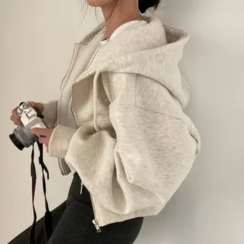 Нов есенен жена топ 2023, Елегантен монофонични жилетка с качулка, Свободен пуловер с цип с дълъг ръкав, ежедневни якета за жени