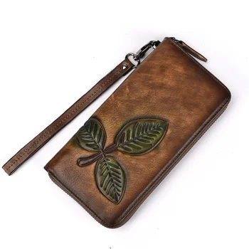 Дамски портфейли-клатчи от естествена телешка кожа, поставки за карти, удобен Ретро дълъг портфейл с цип, от естествена кожа с принтом Зеленина