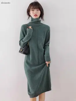 Есенно-зимния вязаное рокля-пуловер, дамско поло с дълъг ръкав, однотонное свободно рокля midi в корейски стил, елегантни и ежедневни рокли Y2k
