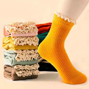 2 Чифта женски чорапи с волани, Дамски памучни чорапи до глезена, Ежедневни Летни дишащи кальцетины, Удобни чорапи със средна дължина