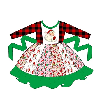 Весела Коледа, детско въртящо рокля с дълги ръкави и принтом на Дядо Коледа, на Едро, детско зимно рокля от млечно коприна
