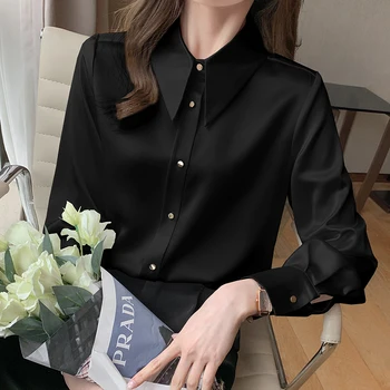 2023 Нова сатен есенна дамска блуза Ежедневни модни лекота на Върховете, однотонная поло риза с дълъг ръкав
