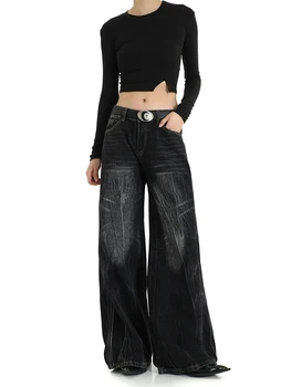 Нов Дизайн, Черни широки Дънкови панталони, с Висока Градинска мода, Дънки пълна дължина, Ежедневни панталони, Корейски Тенденция, Градинска облекло в готически стил 90-те