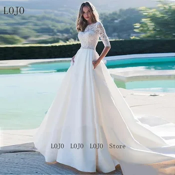 Сватбена рокля на принцеса LOJO wd628 С къси ръкави, Елегантна Рокля на булката Трапецовидна форма с аппликацией, С джобове, Сватбена рокля в стил Бохо