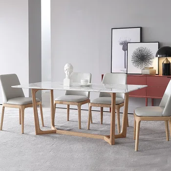 Мрамор Брашно, Модерен Лесен Домакински Правоъгълна Кухненска маса За 4 човека, Скандинавски мебели от масивно Дърво, Мебели за масата за хранене