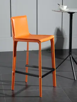 Скандинавски лесен луксозен бар стол със седло от кожата, бар стол с модерна лесен домакински облегалка, високо столче за кафе, бар стол