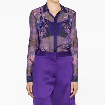 Висококачествени дамски Копринени блузи с дълъг ръкав в Лилаво с принтом, елегантни дамски основни ризи за работа в офис, с високо Качество дамски тънък облекло