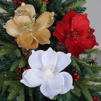 Изкуствено Коледно цвете, блестяща Празнична коледна флорални орнаменти, Разнообразни украси за елхи, Гирлянди, партита