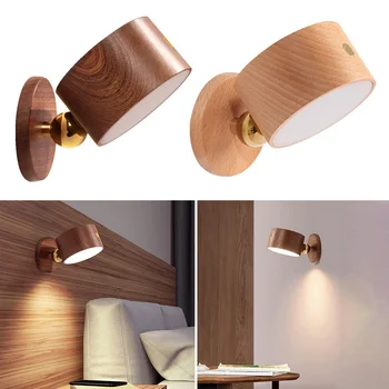 USB Дървен стенен лампа, таблица лампа, led лека нощ с едно докосване на затъмняване, въртящи се на 360 °, защита за очите, Атмосфера, Магнитна нощна лампа