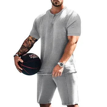 Мъжки дрехи Летни мъжки къси Панталони Спортен костюм Ежедневни баскетболни комплекти от две части с къс ръкав и Спортен Ежедневието на обикновен мъж комплект Henley