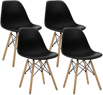 Пластмасови столове на крака от масивна дървесина за кухни, трапезария, спалня, хол, комплект от 4 стола, черен