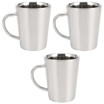3x340 Мл, Кафеена чаша от неръждаема стомана с мед покритие, двупластова 304 Термостойкая чаша за чай с мляко, сребро