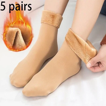 5 двойки женски зимни утолщенных топли чорапи, комплект С удебелени кадифени чорапи от плътна вълна За защита от студ и сняг