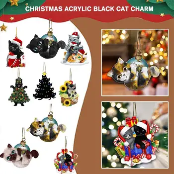 Забавен Креативен Коледен Акрилни Медальон с Черна Котка, Нежна Практичен Интериор под формата на Елхи, Двустранни Печатни декорации, подаръци за деца
