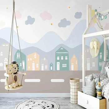 Потребителски стенни тапети Nordic Instagram Ръчно рисувани Cartoony Къща Детска стая Фон Стенен декор на Модерна творческа стенопис