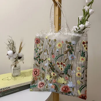 Нова модерна чанта-тоут, Лятна Нова стилна окото чанта с бродерия в формата на цветя, прозрачна чанта през рамо, Романтична дамска чанта, Дамски еко-чанта за покупки