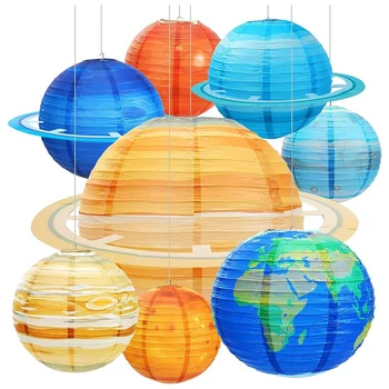 8 бр. Космически хартиени фенери, многоцветни светлини с планетите на Слънчевата система, 12 Инча, тематични аксесоари за партита в космически стил, трайни