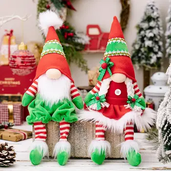 Коледен Гном Безлични Кукла Декорация На Дома, Червен, Зелен Лоскутный Цвят На Голям Нос Дълъг Крак Кукла Джудже Нова Година Навидад Подарък За Рожден Ден