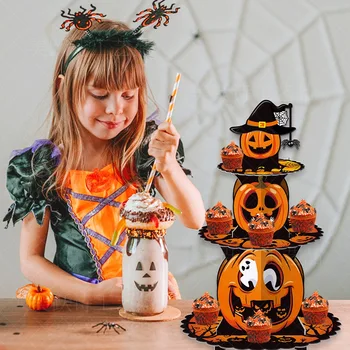 Поставка за кексчета под формата на Тикви за Хелоуин, Украса за парти, на 3 нива, като картон титуляр за кифли, Аксесоари за парти на Хелоуин, Кула торта и десерт