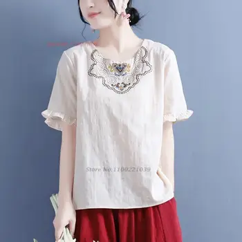 2023 традиционна блуза в стил ретро, китайска подобрена свободна блуза с кръгло деколте, ретро цветен комплект с бродерия, ориенталски чай hanfu риза