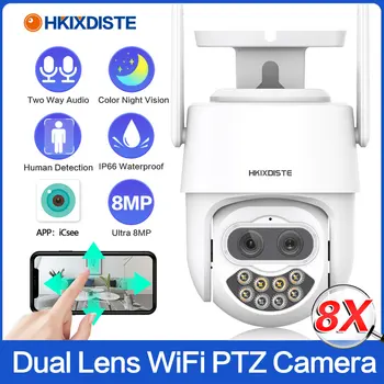 8-Мегапикселова 4K WIFI Камера Външна Двухэкранная Двухобъективная PTZ IP камера Цветна Камера видеонаблюдение за Нощно виждане Автоматично Следене на ICSEE