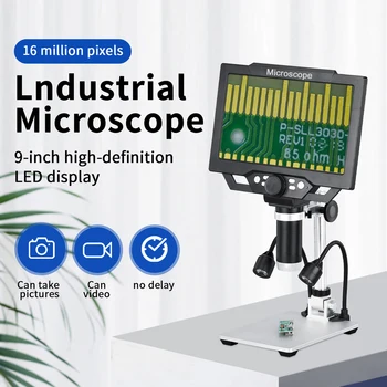 Дигитален микроскоп за запояване електроника, Мобилен телефон, 12-мегапикселов 1-1600X 9-инчов LCD екран, Микроскоп за възпроизвеждане на снимки и видео