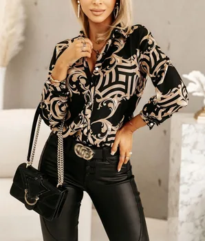 Есенна Мода Дамска Риза с Дълъг ръкав и принтом под формата на верига, 2023, Ежедневни Леопардовая Реколта Офис на Женската Риза, Потници И Блузи, Елегантен Топ Femme