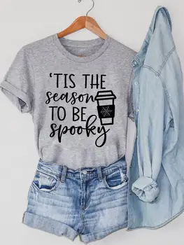 Кафе стил, тренд 90-те години, женска тениска на Хелоуин, Есен облекло с кръгло деколте, Отгоре с принтом за деня на благодарността, Женска тениска с графичен дизайн