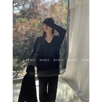 Вязаная тениска в корейски стил с V-образно деколте, Женска Бяла, леко прозрачна, Архитектурен дизайн, Есенни Свободни плетени блузи с дълъг ръкав