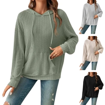 Стилен дамски hoody с дълъг ръкав, джоб и ребристыми детайли, всекидневни пуловер, потник, директна доставка