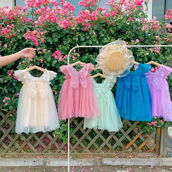 Летен комплект дрехи за малките момичета, Детски Плажни Рокли, Уважаеми Клетчатое рокля от тюл с пеперуда без ръкави, Бебешка Рокля на Принцеса