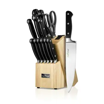 Комплект прибори за хранене от германската неръждаема стомана - универсален комплект кухненски прецизни ножове с дървен блок, който е идеален за рязане, шинковки, шинковки