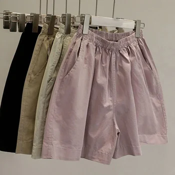 Летни къси панталони с еластичен ластик на талията, Женски 2023, обикновена широки панталони, Дамски универсални дневни къси панталони, женски