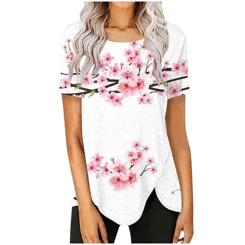 Женска тениска от изкуствена памук с принтом, с къс ръкав и кръгло деколте, Елегантен топ, Лесна и универсална женска блуза, 2023 Нови върхове