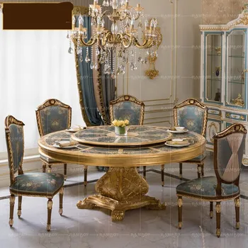 Комбинация от артистичен паркет и стола в европейски стил, луксозен маса за хранене от масивно дърво, луксозни