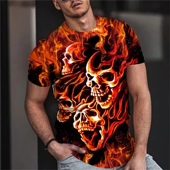 Мъжки t-shirt, лятна мода, тема на черепа, 3D, мъжки готина тениска с лампа на принтом, серия ужасите, Готина мъжка тениска голям размер с къс ръкав