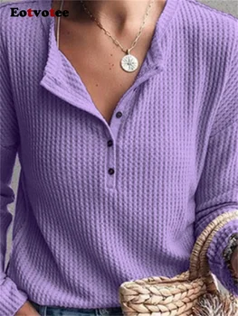 Eotvotee Ризи с копчета за жени 2023, Есен-зима, Нова мода ежедневни однотонная риза с кръгло деколте, елегантен шик топ с дълги ръкави в стил ретро